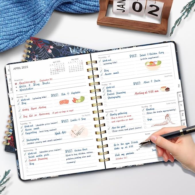 2025 Planner, 12 Month Calendars for Daily and Monthly Planner 2025, A5 Spiral Bound Weekly Planners with Tabs, Day Agenda Organizers from Jan. to Dec. (Black Bloss)