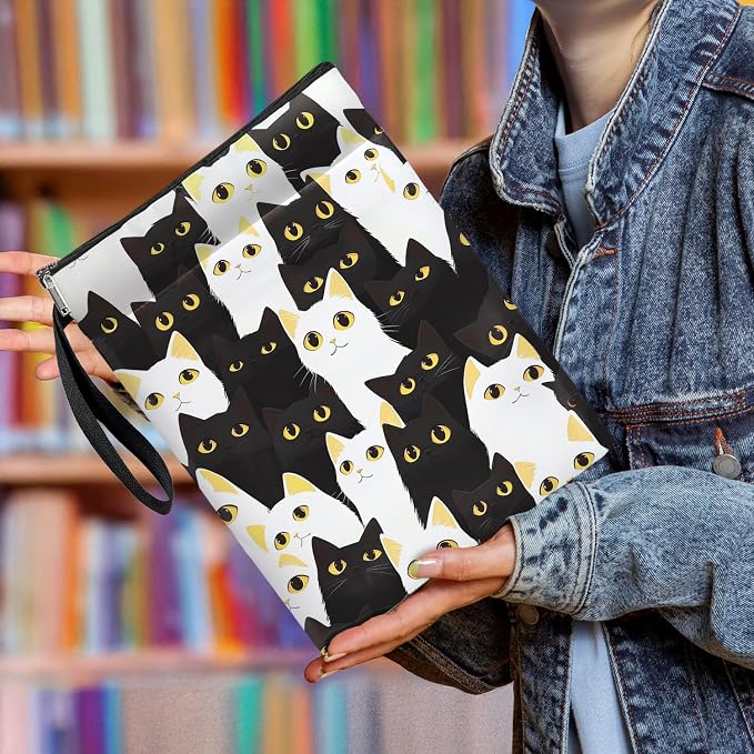 I'm Fine Everything is Fine Book Cover, Waterproof Book Sleeve with Zippered Front Pocket Cat Book Pouch for Book Lovers, Christmas, Birthday, Graduation Gifts (Black-cat, Large)