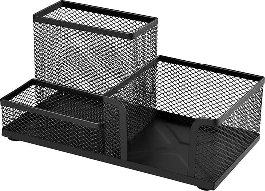 Mesh Desk Organizer, Pen and Stationery Holder with 3 Compartments for Office Supplies, Sticky Notes, and Small Accessories, Desktop Caddy for Home, School, and Workspace – Powder-Coated Black Metal