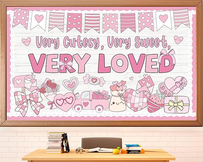 Valentine's Day Bulletin Board Decorations Set Very Cutesy Very Loved Pastel Pink Classroom Decoration Valentines Bows Candy Love Heart Cutouts for School Home Chalkboard Wall Decor Party Supplies