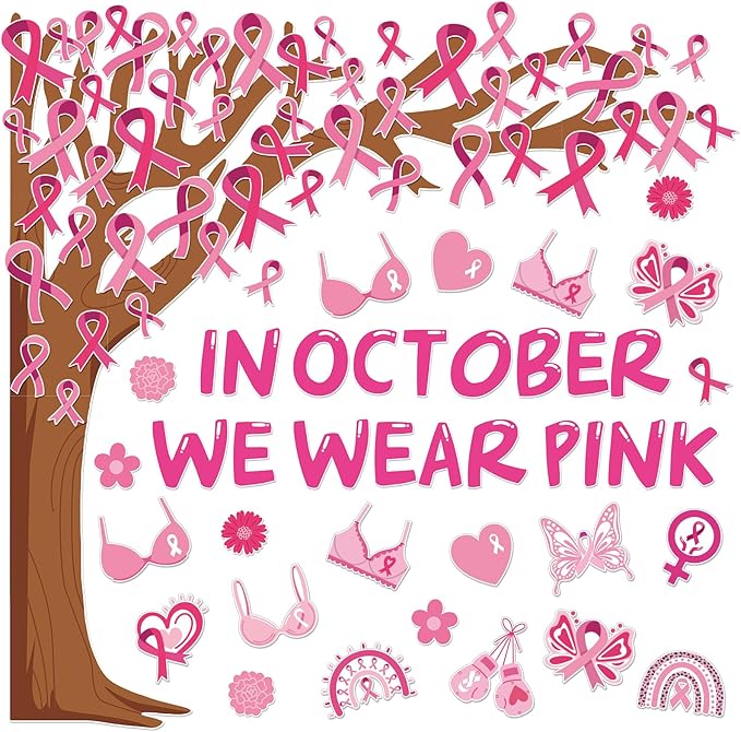 JarThenaAMCS 99 Pcs Breast Cancer Awareness Tree Bulletin Board Decoration Pink Ribbon Tree Paper Cutouts with 200 Pcs Glue Points for Party Home Classroom Office