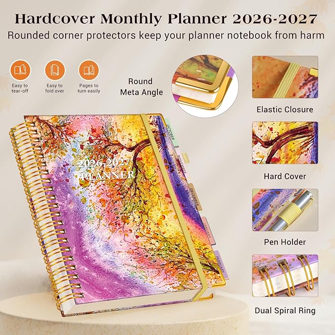 Planner 2026-2027, 18 Months Weekly and Monthly Daily Planner from January 2026 - June 2027, 8.5" x 11" A4 Large Hardcover Agenda Organizer Book 2026 with Tabs, Spiral Yearly Calendar Planners for School Work Home, Autumn Tree