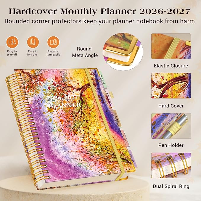 Planner 2026-2027, 18 Months Weekly and Monthly Daily Planner from January 2026 - June 2027, 5.75" x 8.38" A5 Hardcover Agenda Organizer Book 2026 with Tabs, Spiral Yearly Calendar Planners for School Work Home, Autumn Tree
