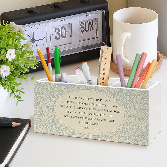 Christian Bible Verse Floral Pen Holder, Christian Gifts Office Pen Pencil Holder Organizer for Desk Accessories, Cottagecore Botanical Wooden Box Desk Decor for Home Office Desk Decorations