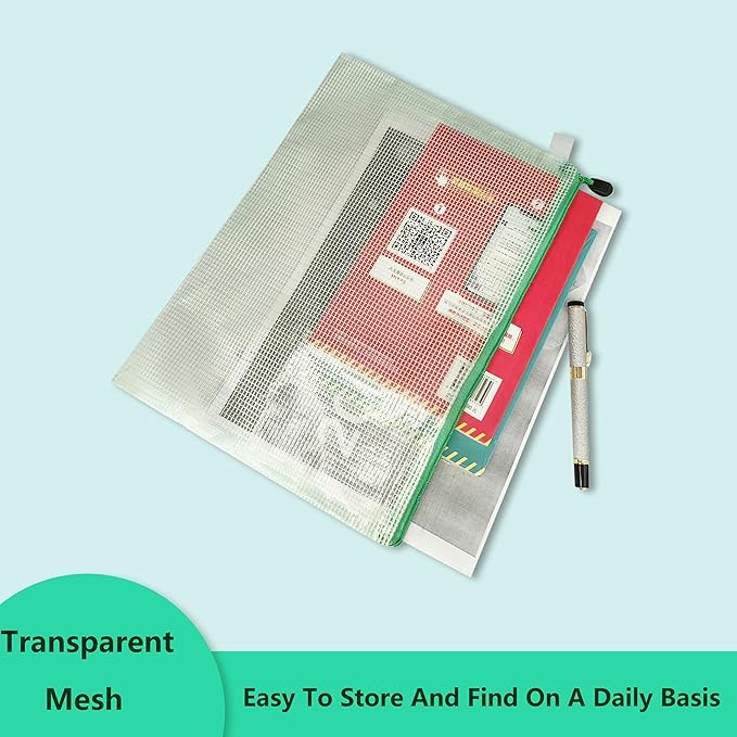 Mesh Document Bag Set of 10, Waterproof Zipper Pouch / A4 Size Zip File, for Household Daily Storage School Office M-D-2B (Blue, A6 (9.25×4.25Inch))