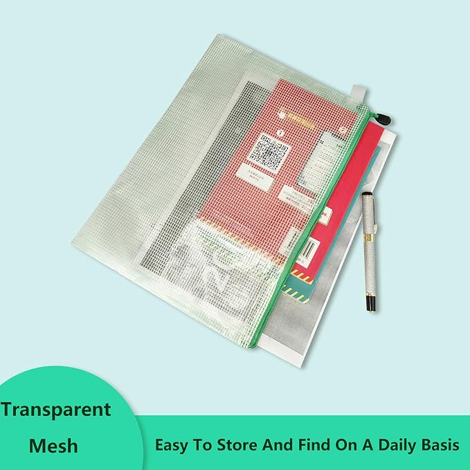 Mesh Document Bag Set of 10, Waterproof Zipper Pouch / A4 Size Zip File, for Household Daily Storage School Office M-D-2B (Blue, A6 (9.25×4.25Inch))