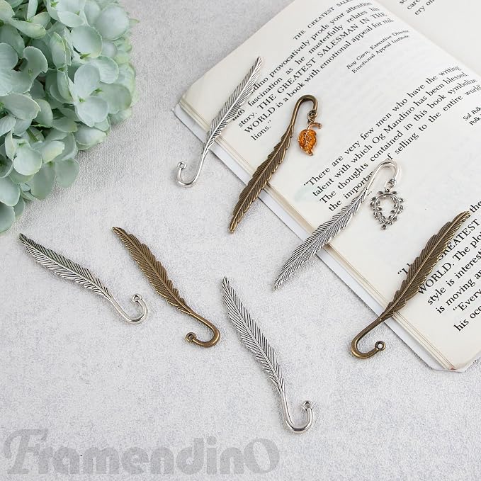 Framendino, 30 Pack Vintage Metal Feather Bookmarks Hairpin Hook Charms Pendant