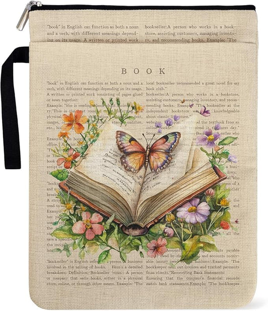 Bookish Butterfly Flower Book Sleeve Pouch for Women Friends Book Lovers Librarian Lovers Bookish Group Club with Pocket Handle, Book Covers Gifts for Women Teacher Graduation Birthday Gifts