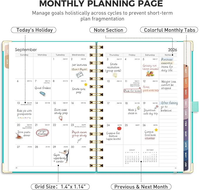 RETTACY Academic Planner 2026-2027, Weekly and Monthly, July 2026 - June 2027, Medium Size (5.7" x 8.3"), Calendar, Agenda, 12-Month Tabs, Hardcover, for Student, Teacher, School (Tiffani Blue)