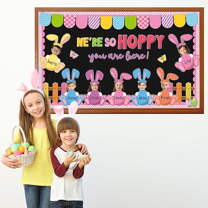 Easter Bulletin Board Set Egg Bunny Cutout DIY Picture Frame Crafts We are So Hoppy You are Here Bulletin Board Set Spring Easter Holiday Teacher School Door Wall Chalkboard Supplies