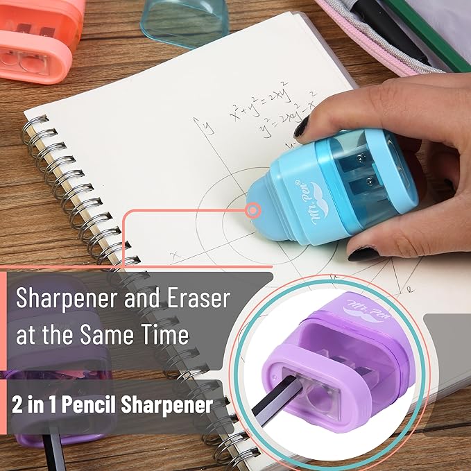Mr. Pen- Pencil Sharpener & Eraser, 4 Pack, 2-in-1 Manual Sharpeners with Canister, 2 Sharpening Holes for Standard & Jumbo Pencils, Colorful Dual Hole Design for School, Office, Home, Kids