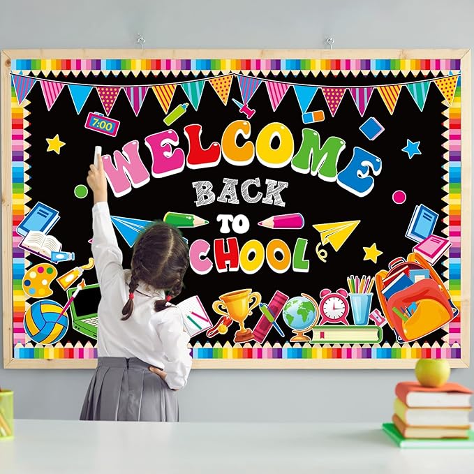 Justforjoyful Welcome Back to School Bulletin Board Decorations First Day of School Theme Classroom Bulletin Board Border Set Pencil Notebook Schoolbag Paper Cutouts Preschool Chalkboard Wall Decor