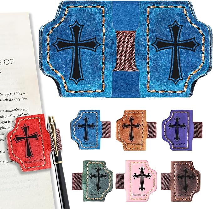 Personalized Magnetic Bookmark with Pen Holder, Bible Verse Scripture Design, Custom Leather Bookmark Bible Study Supplies for Women Men, Christian, Book Lovers Gifts (Blue, Cross)