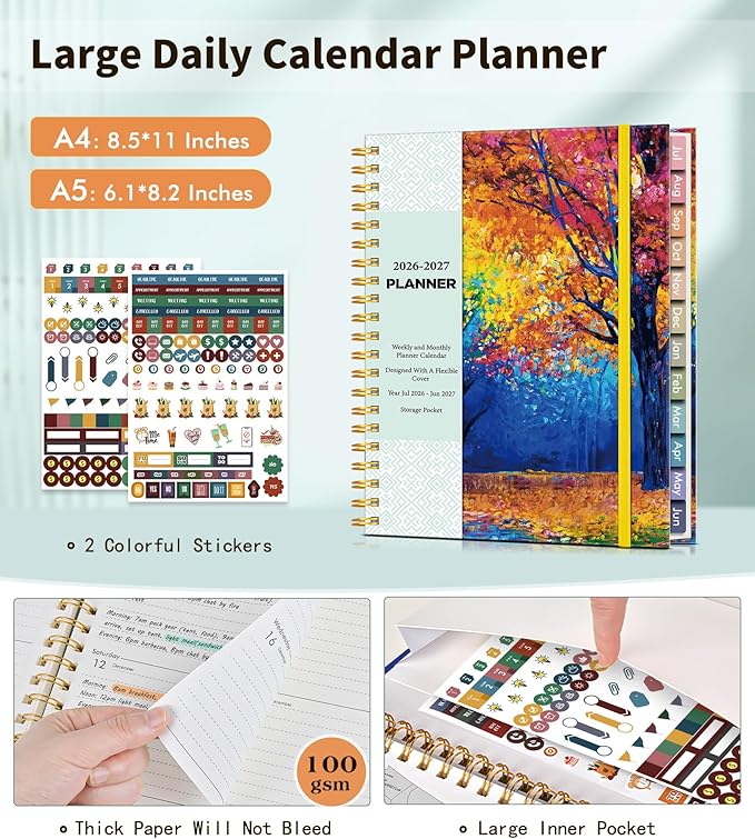 Academic Planner 2026-2027, Weekly and Monthly Calendar Planner from July 2026 - June 2027, 6.1" x 8.2" A5 Large Daily Agenda Book with Tabs, Flexible Cover, College School Organizer for Student Teacher, Autumn Woods