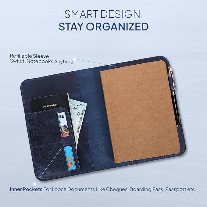 TheAntiq Genuine Leather A5 Journal Cover Refillable Notebook Cover, Fits 5.75 x 8.25 in, Card Slots Pocket & Pen Holder, Handmade Professional Leather Organizer for Men & Women, Travel & Work Diary Cover
