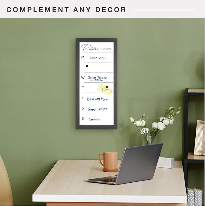 MCS Dry Erase Weekly Planner 11x24 Black Framed Calander Whiteboard for Wall, Plan Your Week with Family Weekly Planner for Dinners, Sports, Events & More