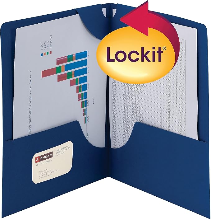 Smead Lockit Two-Pocket Heavyweight Folder, Letter Size, Dark Blue, 25 per Box (87982)
