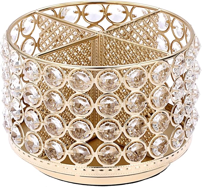 BTSKY Crystal 360 Degree Rotating Desk Organizer Decorative Storage Box with 4 Compartments, Glitter Metal Makeup Brush Holder Elegant Storage Caddy Home Decor Gift for Women, Round-4 Slots Gold