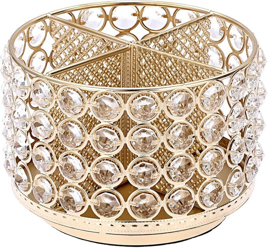 BTSKY Crystal 360 Degree Rotating Desk Organizer Decorative Storage Box with 4 Compartments, Glitter Metal Makeup Brush Holder Elegant Storage Caddy Home Decor Gift for Women, Round-4 Slots Gold
