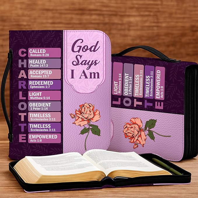 Personalized Man of God Bible Cover, God Says I Am Bible Case PU Leather, Bible Holder Handle Zipper, Faith Scripture with Name Case Bag, Religious Gifts for Church Christians Women Men (GOD-05)