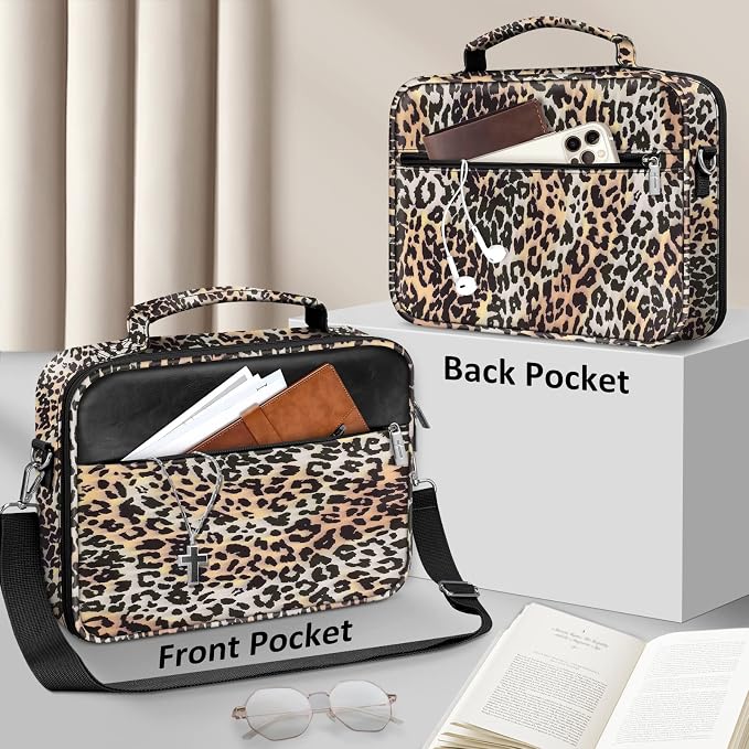 FINPAC Large Bible Cover w/Shoulder Strap, Carrying Book Case Church Bag Bible Protective w/Pen Slots and Zippered Pocket, Gift for Women Lady, Leopard