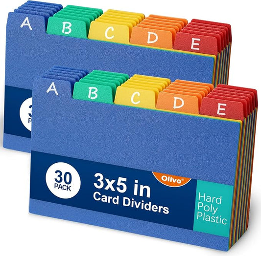 Olivo Index Card Dividers Tabs 3x5 Poly Plastic Card File Guides 3" x 5", Colored, 60 Pack