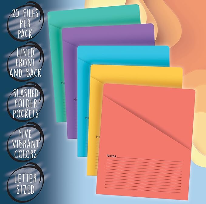 Better Office Products Lined Vertical Slash Pocket File Folders, 25 Pack, 5 Assorted Colors, Letter Size Slash File Jacket with Notes on Front & Back, Half Pocket File Folders