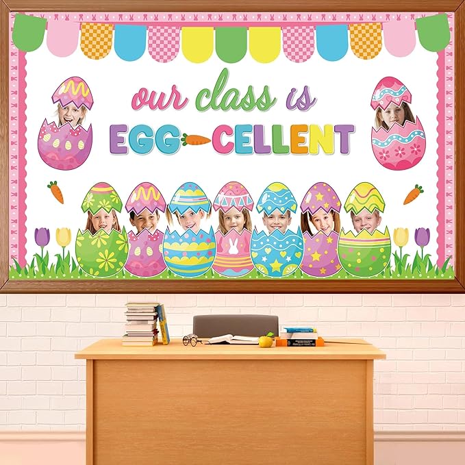 Easter Bunny Egg Bulletin Board Set Easter Egg DIY Photo Craft Cutouts Easter Classroom Bulletin Board Decorations Bunny Rabbit Grass Cutouts for Teacher School Office Home Chalkboard Wall Door Decor