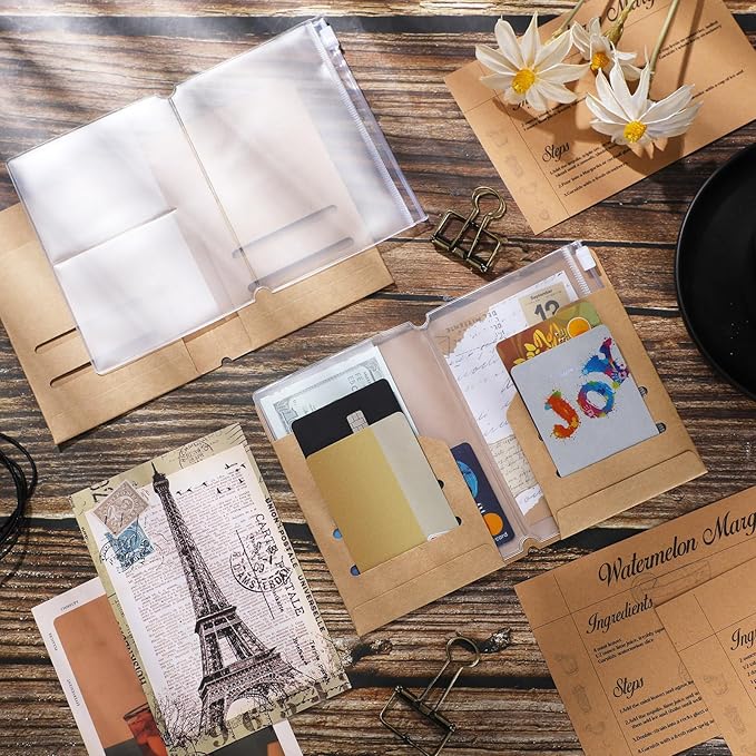 Travelers Journal Notebook Accessories Kit Include Travel Kraft File Folder, Zipper Case, Pen Holder, Binder Clip and Elastic Bands Travel Accessories Supplies(2 Pack,Passport Size)