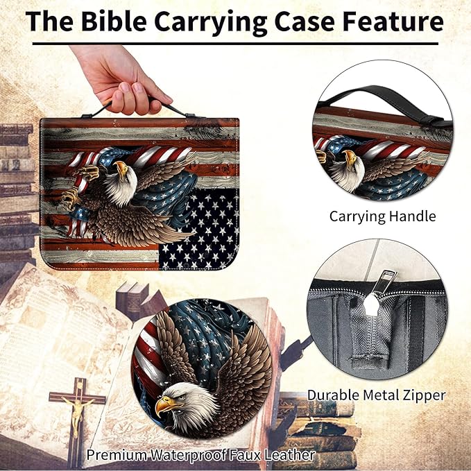 Bible Cover for Men,Large Leather Bible Case Fit Book Up to 11x8x2 Inch,Bald Eagle with Flag Bible Covers Bible Study Carrier Church Bags w/Handle & Zipper