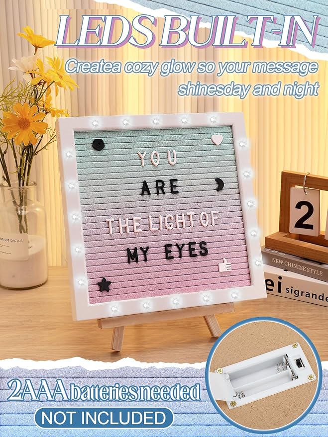 Changeable Felt Letter Board with LED Lights - 10×10" Message Custom Signs & Wood Stand & 450 Letters, Poster Board for Easter/Baby/Pregnancy Announcement/Classroom Wall Decor Gifts, Gradient