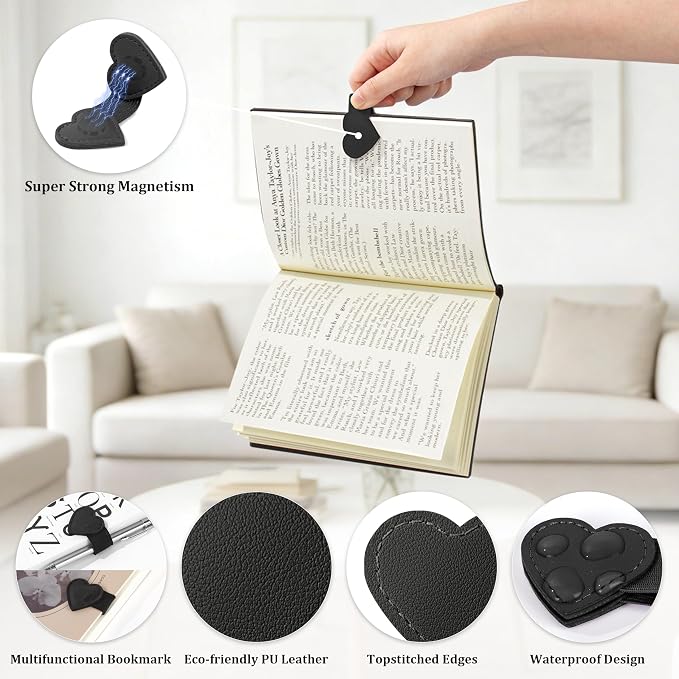 2Pcs Magnetic Leather Heart Bookmarks with Pen Holder, Cute Book Markers Clip with Gift Box, Reading Accessories for Book Lovers Women Teachers Students, Black