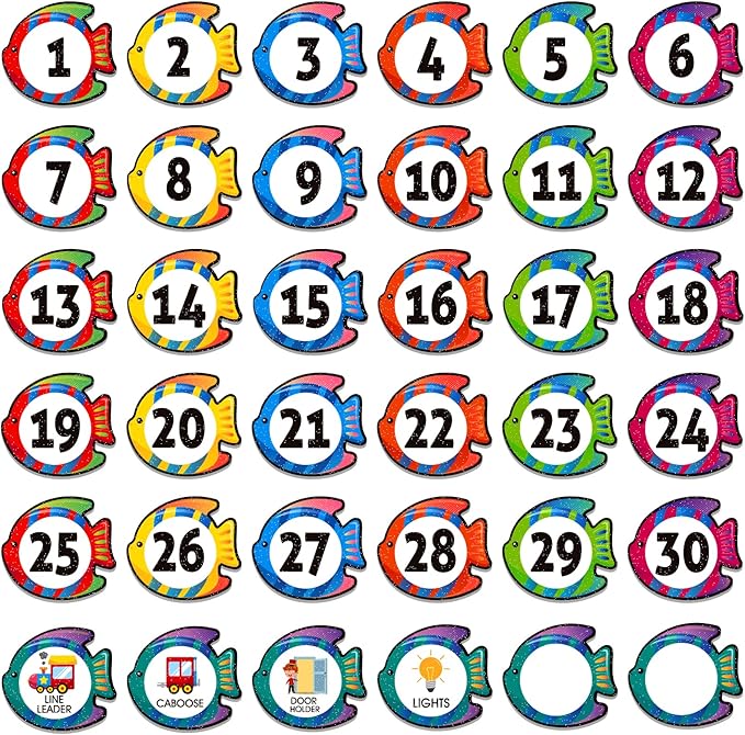WhatSign 36Pcs Line Up Spots for Classroom Floor Numbers Stickers - Scratch-Resistant & Waterproof Vinyl - Contemporary Fish Theme - Math & Number Learning - Early Childhood Development Products