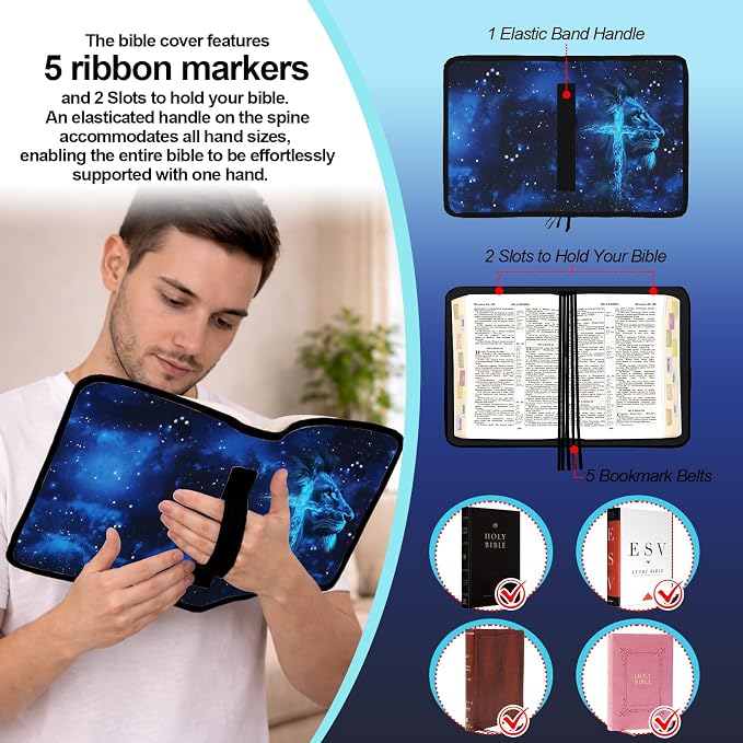 Lion Cross Large Bible Cover Case for Men Boys, Bible Bag for Men Organizer with Strap & Handle Zipper Pocket, Bible Study Supplies Journaling Kit with Pens Highlighters Tabs Christian Gift