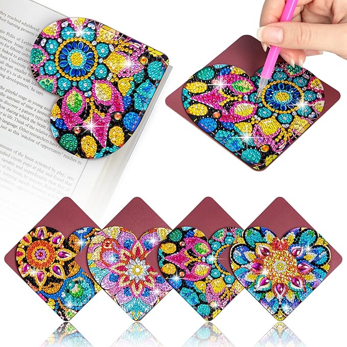 WIVICO 4 pcs Diamond Painting Bookmarks, DIY Diamond Art Kits for Adults, Book Corner - Protecting Bookmark Craft Supplies Kits for Book Lovers(Heart)