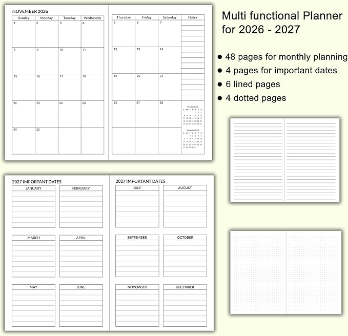 A5 Calendar Planner Jan 2026 - Dec 2027, Travelers Notebook Inserts for 2 Years, Monthly Calendar & Important Dates & Line & Dotted, 100gsm Paper, 8.3 x 5.5 in, 1pcs