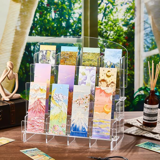 Yuntau Acrylic Bookmark Display, Adjustable 2. 2'' Bookmark Stand, Portable Sticker Holder, Curved Pockets Greeting Card Display for Business Vendor, Retail Store Shop(Detachable,12 Pockets)