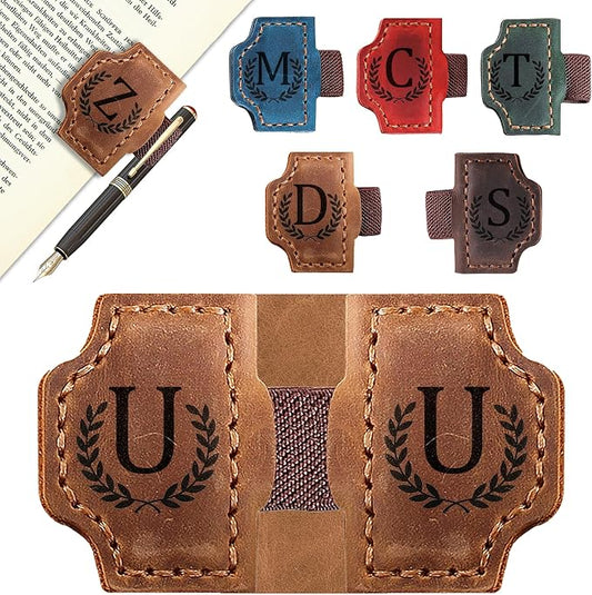 Custom Magnetic Bookmarks with Pen Holder, Personalized 26 Letters Name Initial Leather Bookmark, Leather Book Mark for Men Women Teachers, Readers Book Lovers Gifts (Brown, U)
