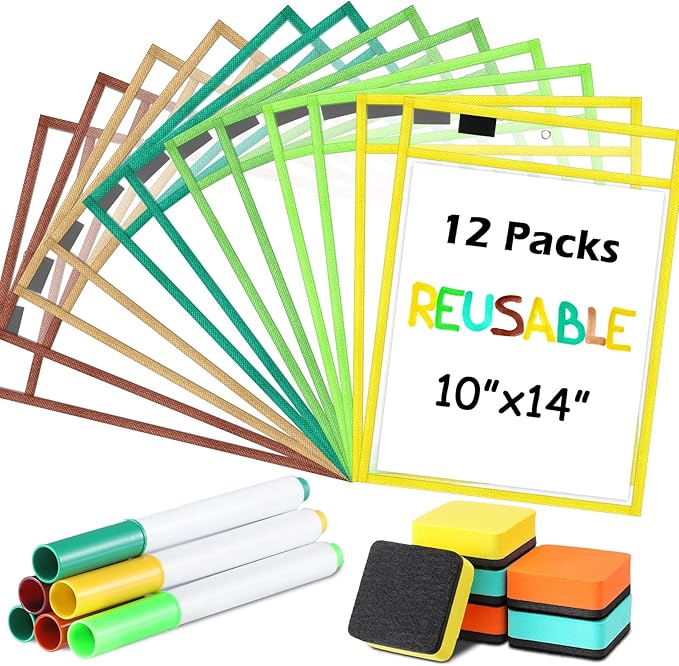 Watersay 24 Pcs Dry Erase Pocket Reusable Sleeves 10" x 14" Clear Plastic Sheet Protectors with Markers and Mini Dry Erasers for Paper(Assorted Color)