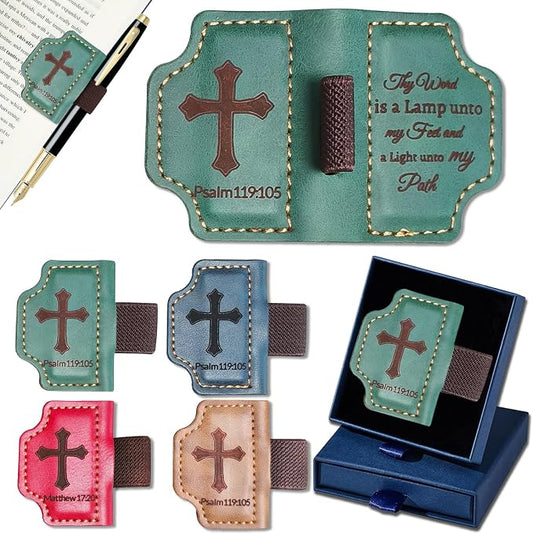 Bygone Mark Personalized Magnetic Leather Bookmark with Pen Holder,Inspirational Bible Verse Religious Bookmarks,Christian Book Lovers Reading Accessory for Men Women (Green, Psalm 119:105)