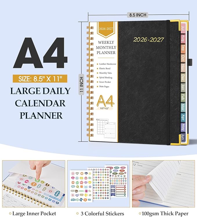 Academic Planner 2026-2027, Hardcover Leather Weekly and Monthly Calendar Planner from July 2026 - June 2027, A4 8.5" x 11" Daily Agenda with Tabs, College School Organizer for Student Teacher, Black