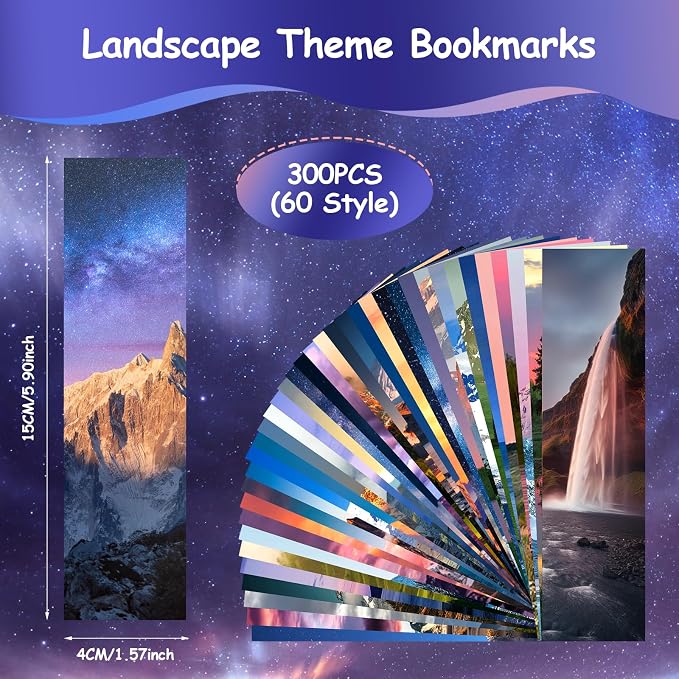 300PCS Landscape Bookmarks for Kids Classroom: 60 Designs, Cool Landscape Bookmarks, Cute Book Mark, Double Sided, for Book Lovers, Students, Children, Rewards, Gifts