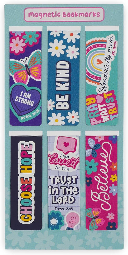 Christian Art Gifts Magnetic Inspirational Scripture Bookmark Set for Girls: Encouraging Bible Verses, Multicolor Pink & Teal Floral Rainbow Theme Pagemarkers for Books, Bibles, Fridges, 6 Piece Set