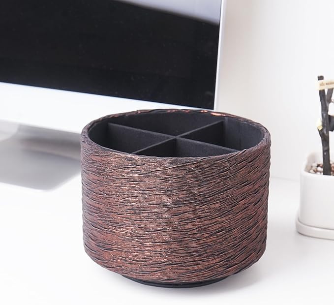 Round Leather Art Supply Organizer,Remote Control Holder,360-degree Rotating Pen Organizer with 4 Compartments(1-Light Tree Brown)