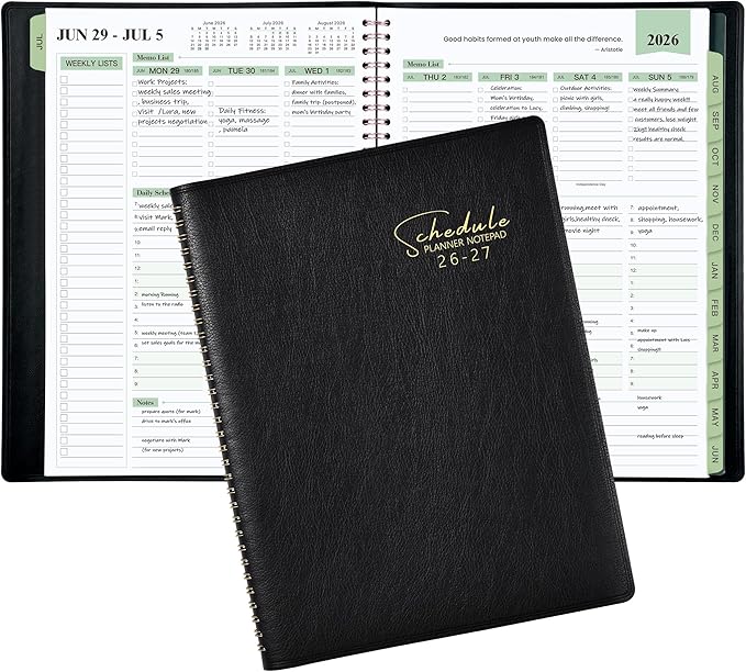 Planner 2026-2027 - Business Planner 2026-2027, 3-Tier Schedule Planning Notepad, JUL 2026 - JUN 2027, Appointment Book, 8.74" x 11.38", 60 Minutes Intervals + Leather Cover + Monthly Tabs + Pocket - Black