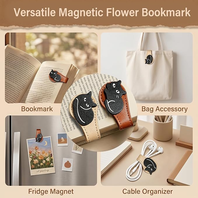Gifts for Women Cute Cat Leather Magnetic Bookmarks for Women Vintage Book Marks for Reading Small Birthday Teacher Graduation Bookish Reading Book Lovers Gifts Office Planner Book Accessories Clip