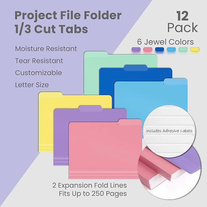 Better Office Products Heavyweight Poly Folders File, 1/3 Cut Tabs, 12 Pack, Assorted Colors, Letter Size, with Adhesive Labels,