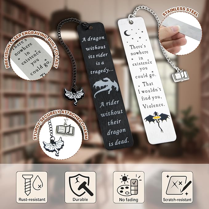 Dragon Metal Bookmarks – Set of 2 Engraved Fantasy Bookmark with Charms, Cool Bookmarks for Women and Men, Bookish Quotes Gifts for Readers, Magical Academy Book Accessories (Style 1)