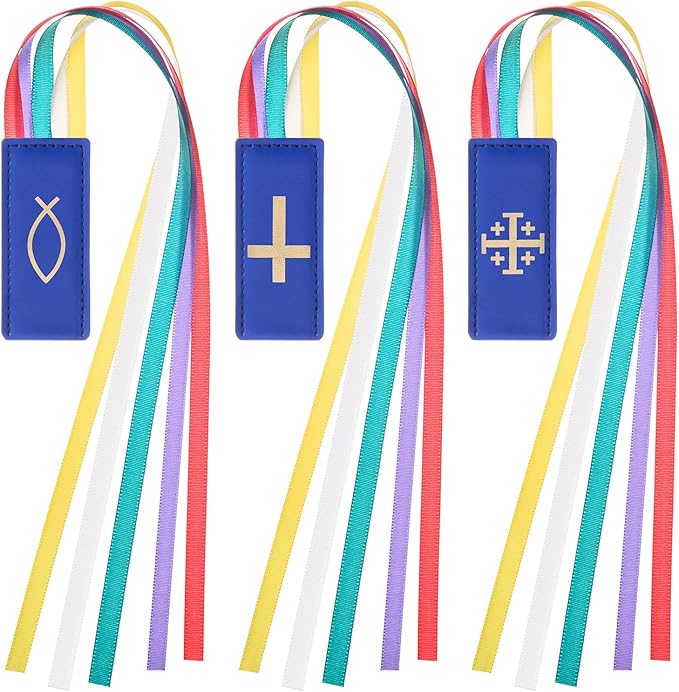 Outus 3 Pieces Bible Ribbon Bookmark Markers Artificial Leather Bookmark with Ribbons for Books Office (Solemn,Blue)