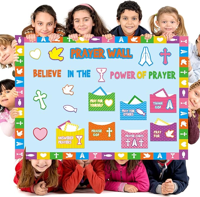 Geelin 184 Pcs Prayer Wall Bulletin Board Set Cork Board Religious Decor Rainbow Christian Bulletin Board Sets Sunday School Decorations for Classroom School Church Home Blackboard Chalkboard Wall